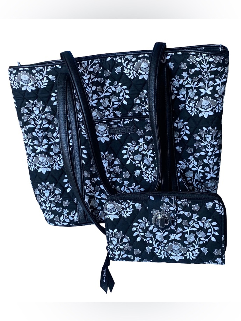 Vera Bradley black and white floral classic quilted tote bag and matching wallet